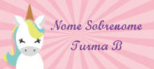 My Nametags etiqueta com unicórnio, nome completo e número de telefone, em fundo rosa